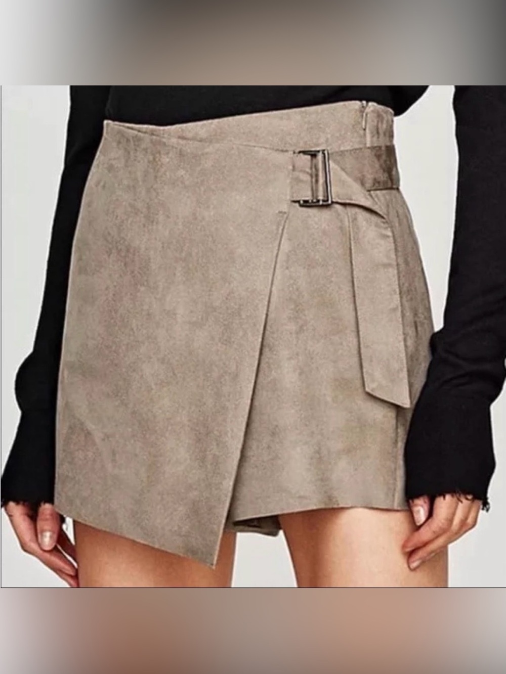 Zara Basic Faux Suede Belted Wrap Skort Taupe Gray Size S